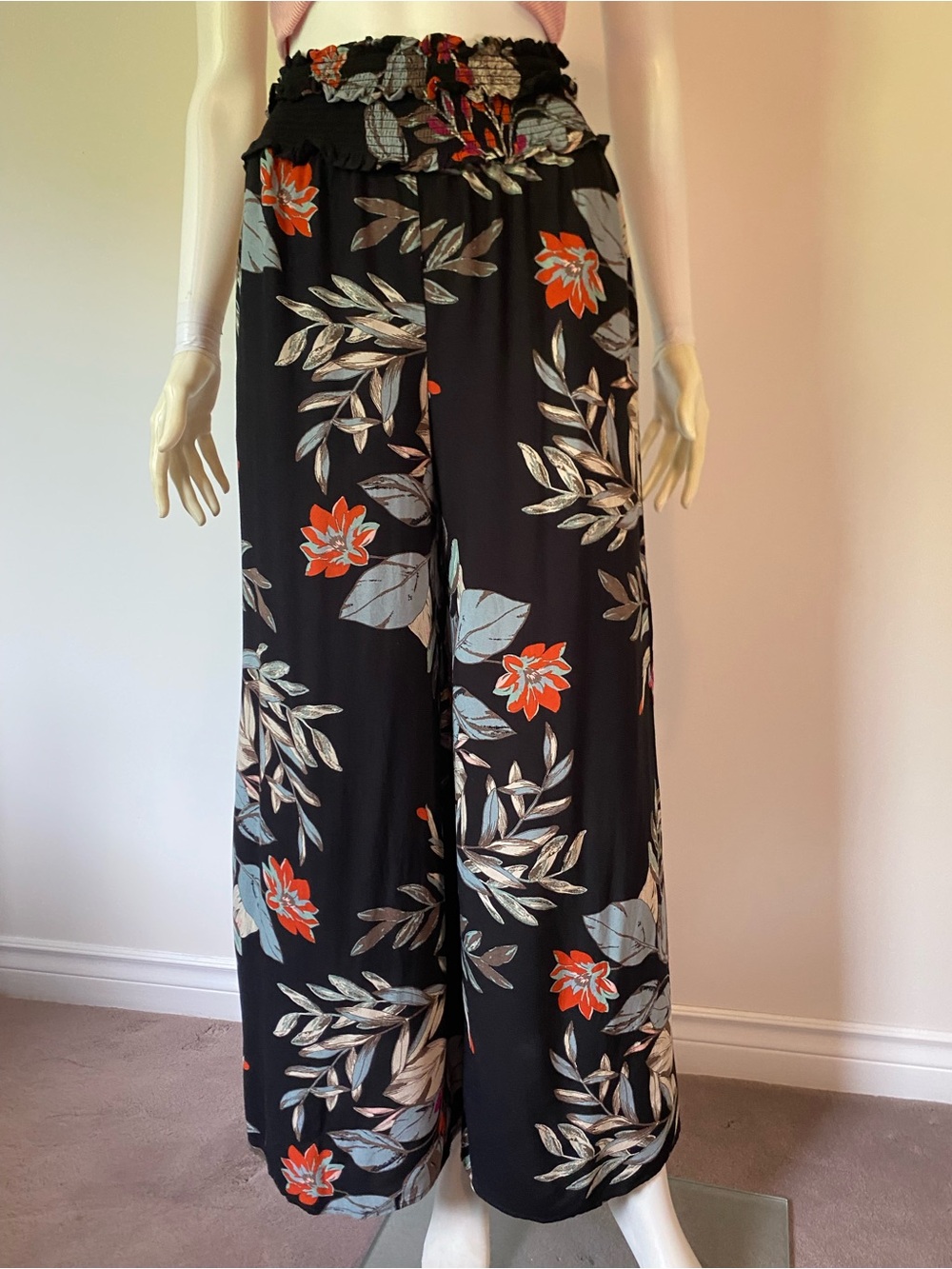 Patrons of Peace Black Wide-Leg Floral Pants with Orange & Pale Blue Blooms